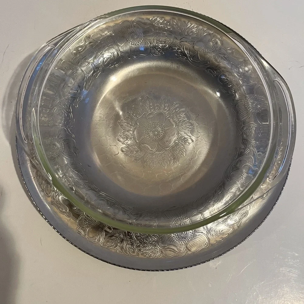 Vintage Pyrex Two Quart Clear Glass Dish with Etched Aluminum Cover and Base